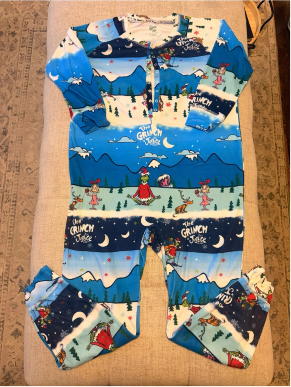 The Grinch x Justice Sleep Girls L 12-14 Blue Christmas One Piece Pajama Onesie
